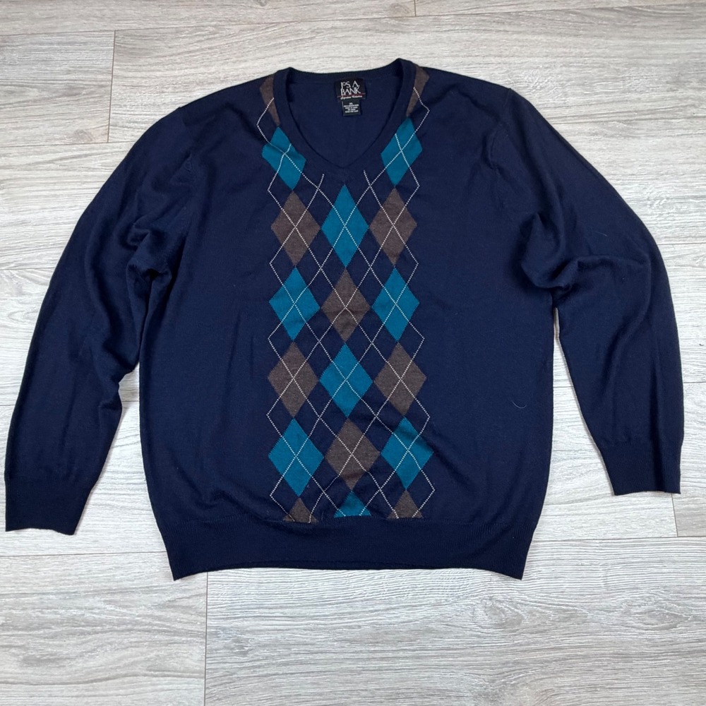 JOS A BANK‎ Mens XL V-Neck Argyle Merino Wool Sweater Navy Blue Teal Long Sleeve